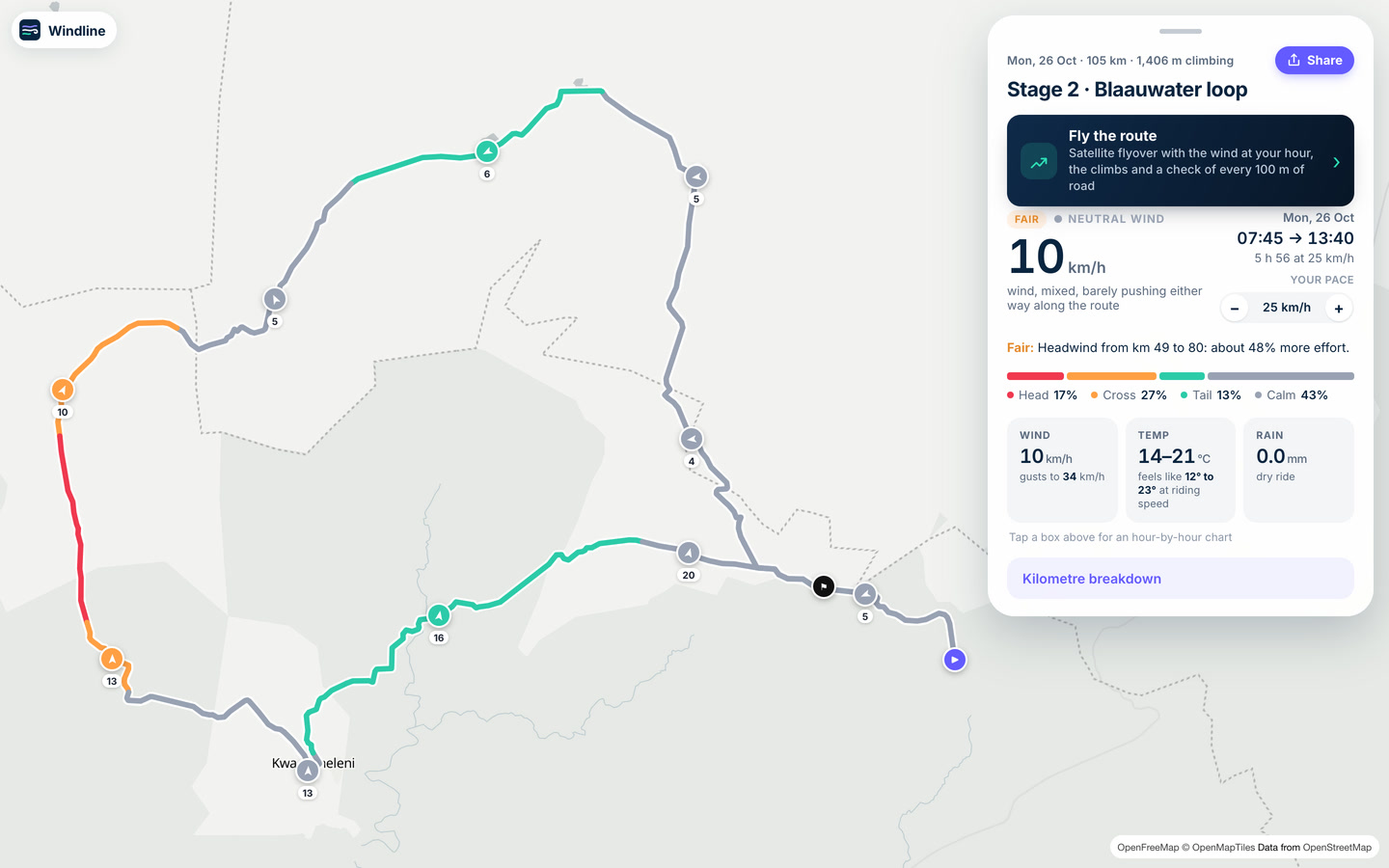 Windline map of a gravel stage coloured by the wind at 25 km/h (16 mph), rated Fair: headwind from km 49 to 80, about 48% more effort