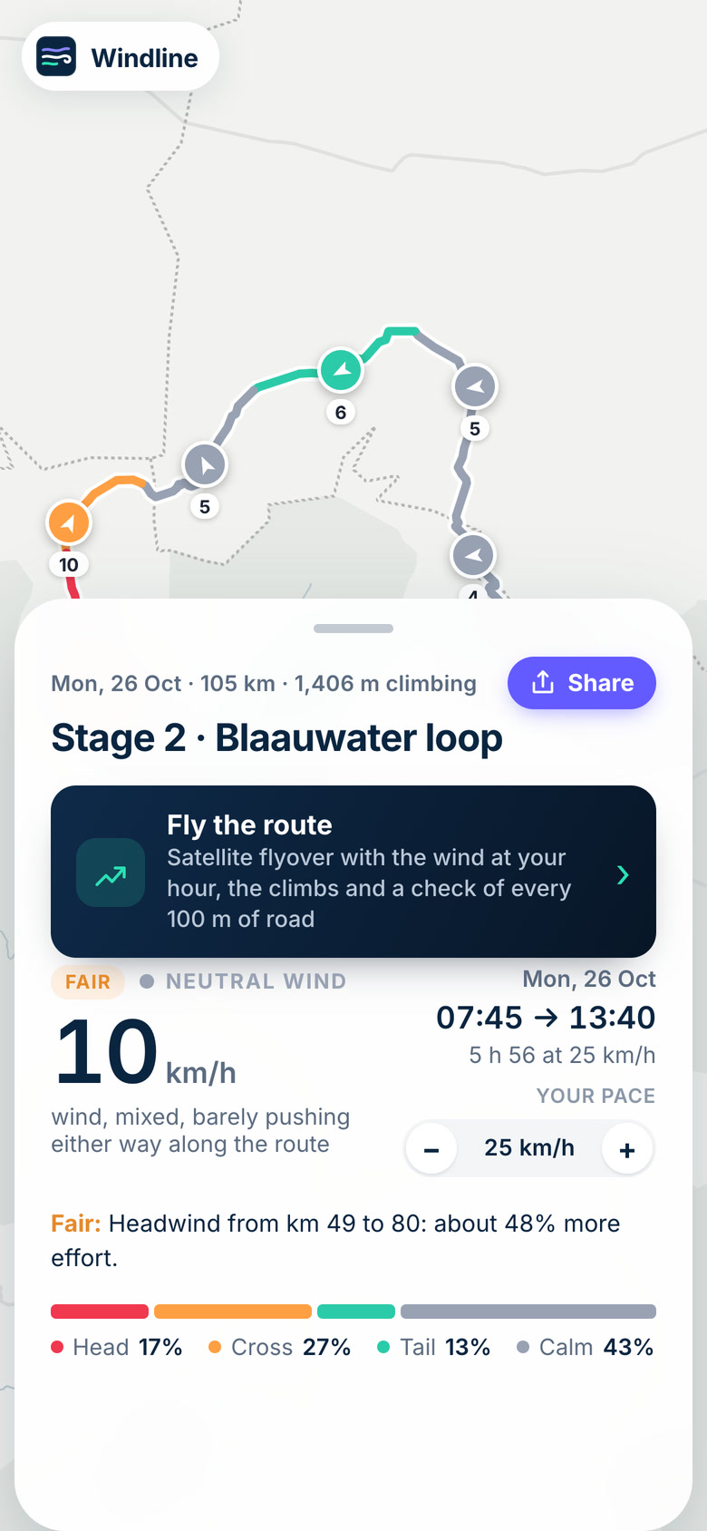 A race stage on a phone in Windline: the route coloured by the wind on the map, with Fly the route and the stage's details below
