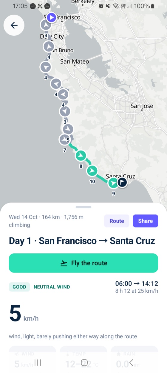 The Windline Android app: Day 1 of the Pacific Coast Tour, San Francisco to Santa Cruz, the route coloured by the wind and rated Good