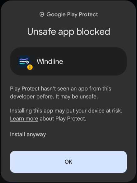 Google Play Protect’s Unsafe app blocked screen, with Install anyway just above the OK button