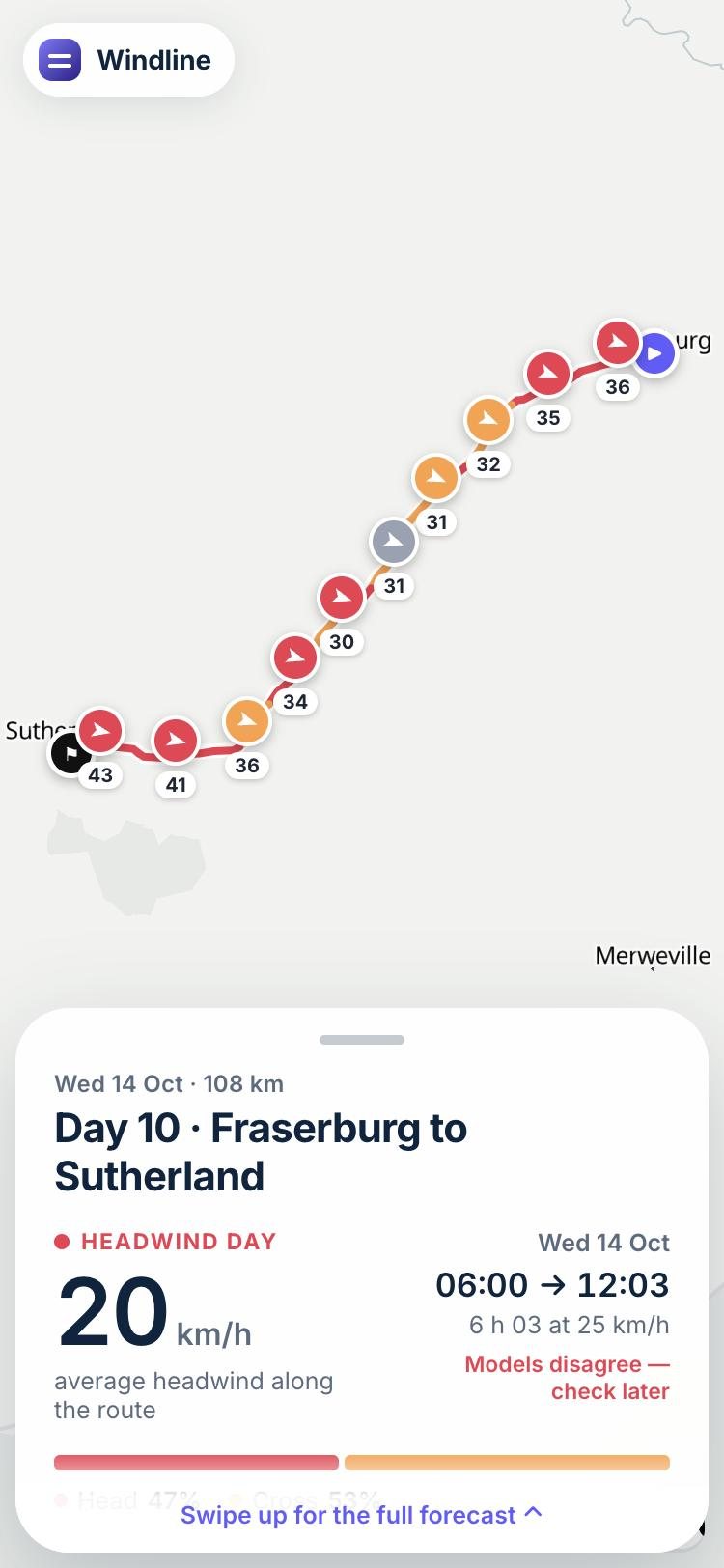 Day 10 map with wind arrows along the route, mostly red for headwind