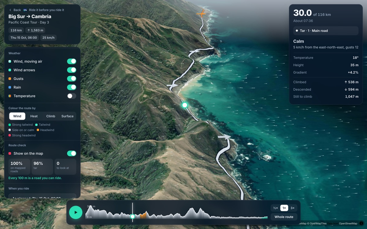 Fly the route on the Big Sur coast: the route on satellite imagery with the wind, the road check and the elevation profile