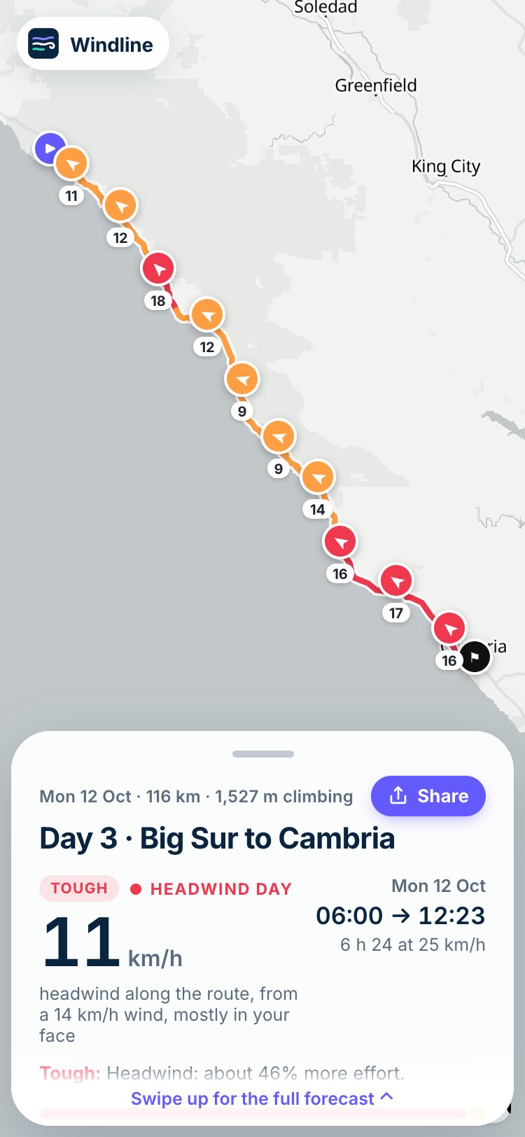 The Big Sur stage on the map, with wind arrows along the route, mostly red for headwind
